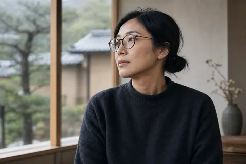 Reflective woman with glasses in Kyoto
