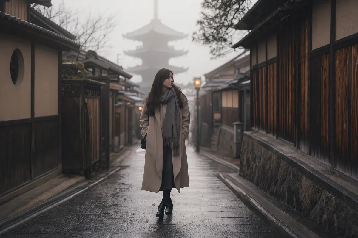 Figure in Kyoto morning mist