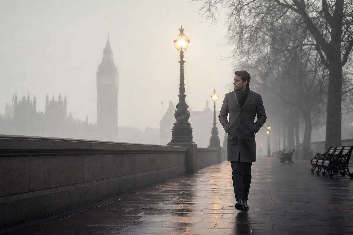 Professional walking through London fog