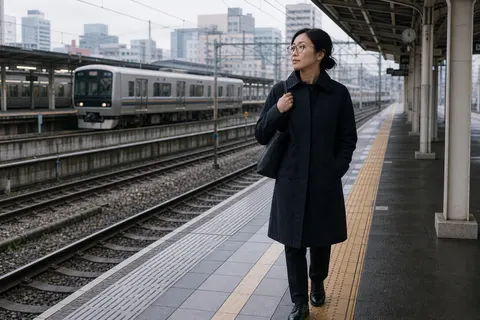 Woman with coat on an Osaka train platform