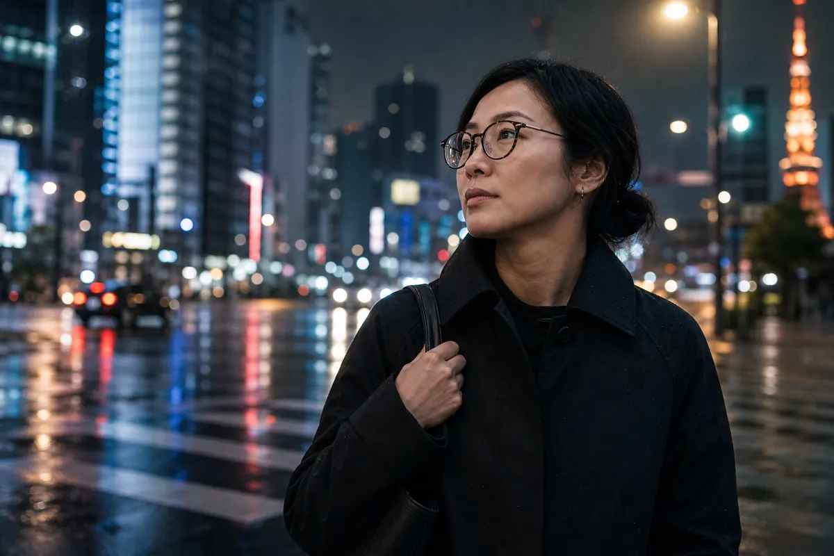 Woman with glasses on a neon Tokyo street
